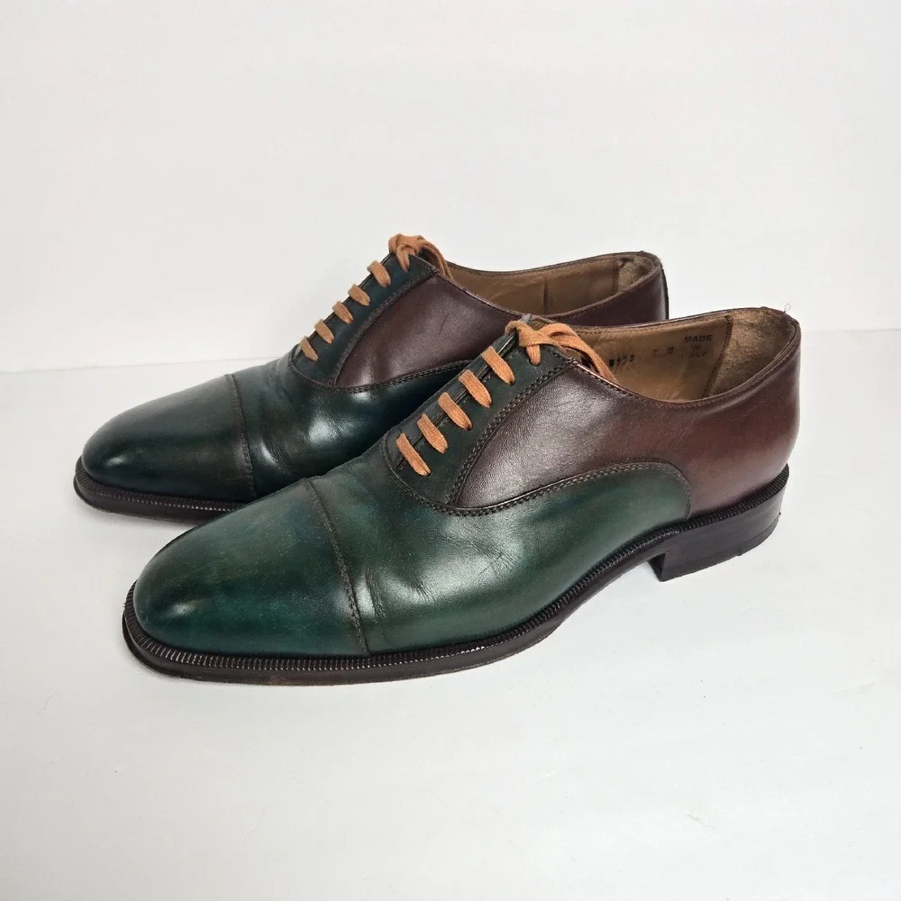 Barney's New York Men's Sz 7 Cap-Toe Oxford Green Luxury Leather Cap Dress Shoes